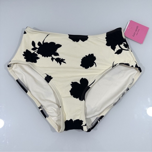 NWT $78 kate spade NY [ Small ] Floral High Waist Bikini Swim Bottoms Ivory Blac - Picture 2 of 9